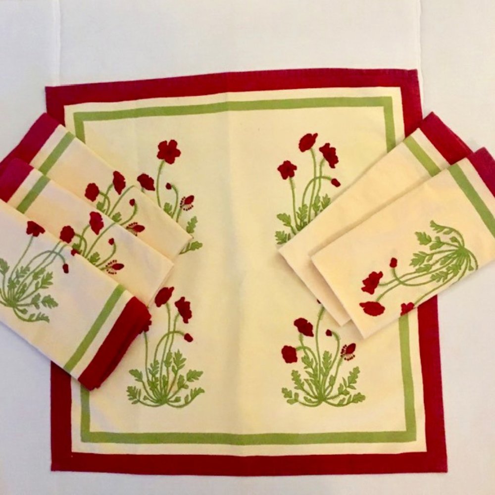 Couleur Nature Cloth Napkins Poppies Cream Wine Red Lime Set of Eight Cotton